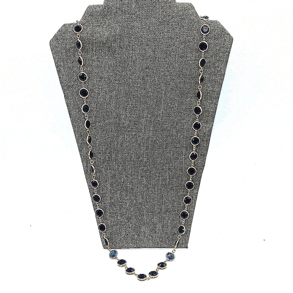 $50 CHICO'S Circle Long Blue Sapphire Swarovski Gemstone Necklace-Matte Gold - Picture 5 of 5